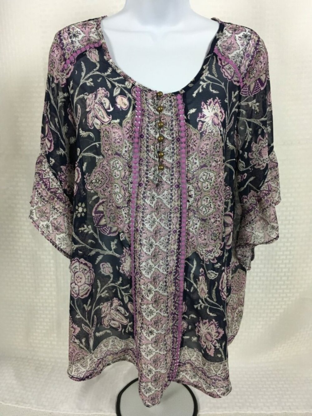 Style n Co Petites Top Sz PM Purple Blue Floral Sheer Scoop Nek 3/4 Bell Sleeves